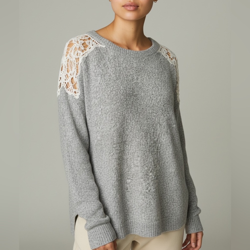 Soul Sunrise Boucle Gray Knit Sweater with White Lace Shoulder & Back Detail